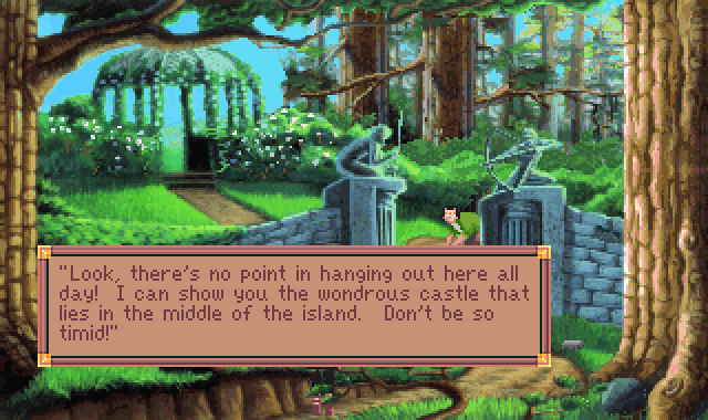 (Strange Man: Look, there's no point in hanging out here all day! I can show you the wonderous castle that lies in the middle of the island. Don't be so timid!)