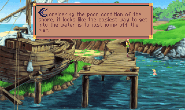 (message: Considering the poor condition of the shore, it looks like the easiest way to get into the water is to just jump off the pier.)