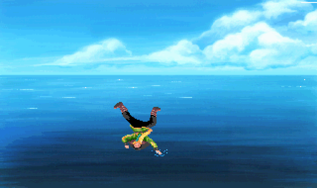 (He goes flying out to the ocean...)