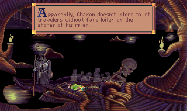 (message: Apparently, Charon doesn't intend to let travelers without fare loiter on the shores of his river.)