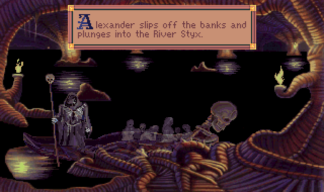 (message: Alexander slips off the banks and plunges into the River Styx.)