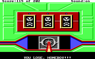 (Roger gets three skulls on a slot machine. message: You lose, Homeboy!)