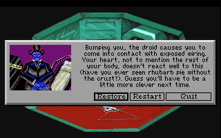(still shot: A creepy looking mortician standing next to a coffin. message: Bumping you, the droid causes you to come into contact with exposed wiring. Your heart, not to mention the rest of your body, doesn't react well to this (have you ever seen rhubarb pie without the crust?). Guess you'll have to be a little more clever next time.)
