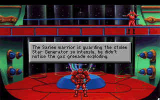 (message: The Sarien warrior is guarding the stolen Star Generator so intensely, he didn't notice the gas grenade exploding.)