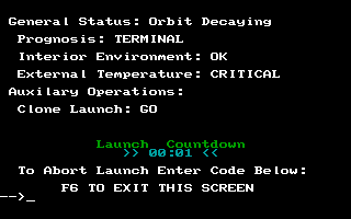 (A close-up of Vohaul's computer screen shows one second left before the salesmen launch.)