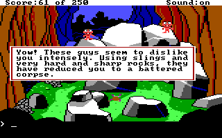 (message: Yow! These guys seem to dislike you intensely. Using slings and very hard and sharp rocks, they have reduced you to a battered corpse.)