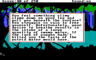 (message: You feel something slimy clamp down on your leg and pull you beneath the surface! You struggle in vain to free yourself. Unfortunately your desire to breathe results in the intake of a large quantity of swamp water. If the lack of oxygen hadn't killed you the taste of the putrid water would have.)