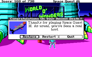 (still shot: Roger all twisted up. title: Congratulations on Your Recent Death! message: Thanks for playing Space Quest III. As usual, you've been a real hoot.)