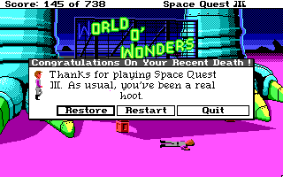 (still shot: Roger just standing normally. title: Congratulations on Your Recent Death! message: Thanks for playing Space Quest III. As usual, you've been a real hoot.)