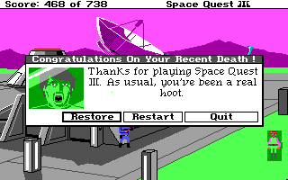 (still shot: Roger's head trapped in a block of green Jell-o. title: Congratulations on Your Recent Death! message: Thanks for playing Space Quest III. As usual, you've been a real hoot.)
