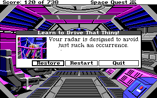 (still shot: Roger sitting slumped over in a damaged cockpit. title: Learn to Drive That Thing! message: Your radar is designed to avoid such an occurence.)