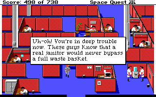 (message: Uh-oh! You're in deep trouble now. These guys know that a real janitor would never bypass a full waste basket.)