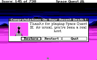 (still shot: Roger with his head toasted. title: Congratulations on Your Recent Death! message: Thanks for playing Space Quest III. As usual, you've been a real hoot.)