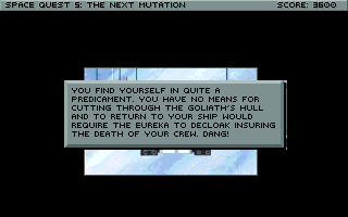 (message: You find yourself in quite a predicament. You have no means for cutting through the Goliath's hull and to return to your ship would require the Eureka to decloak insuring the death of your crew. Dang!)