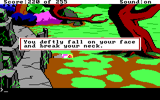 (message: You deftly fall on your face and break your neck.)