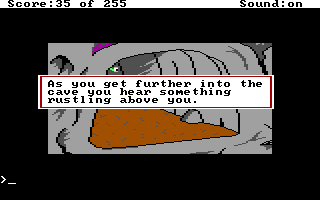 (message: As you get further into the cave you hear something rustling above you.)