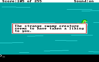 (message: The strange swamp creature seems to have taken a liking to you.)