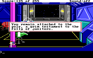 (message: You remain attached to the pole, a grim testament to the folly of janitors.)