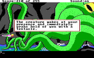 (message: The creature wakes at your presence and immediately grabs hold of you with a tentacle.)
