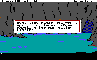 (message: Next time maybe you won't rush into places before checking for man-eating fishies.)