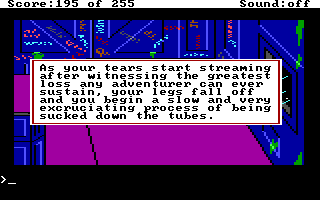 (message: As your tears start streaming after witnessing the greatest loss any adventurer can ever sustain, your legs fall off and you begin a slow and very excruciating process of being sucked down the tubes.)