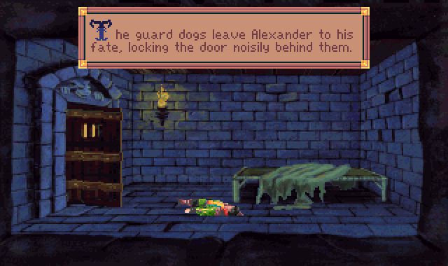 (message: The guard dogs leave Alexander to his fate, locking the door noisily behind them.)