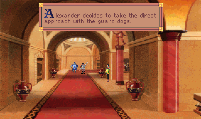 (message: Alexander decides to take the direct approach with the guard dogs.)
