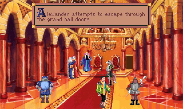 (message: Alexander attempts to escape through the grand hall doors...)