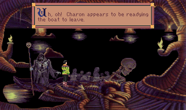 (message: Uh, oh! Charon appears to be readying the boat to leave.)