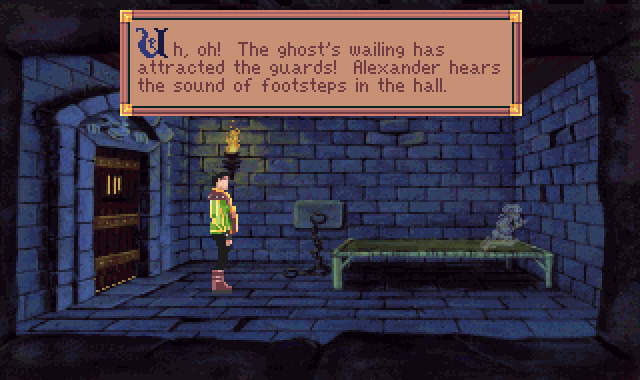 (message: Uh, oh! The ghost's wailing has attracted the guards! Alexander hears the sound of footsteps in the hall.)
