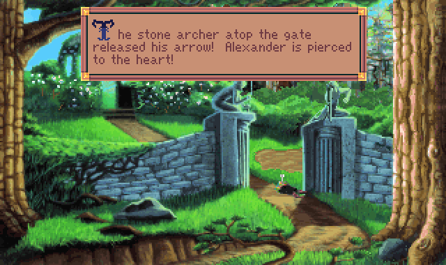 (message: The stone archer atop the gate released his arrow! Alexander is pierced to the heart!)