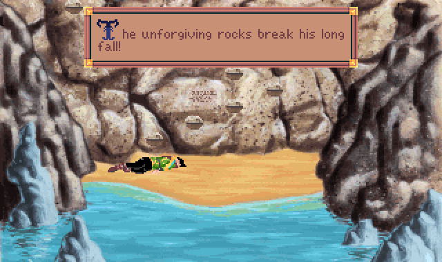 (message: The unforgiving rocks break his long fall.)