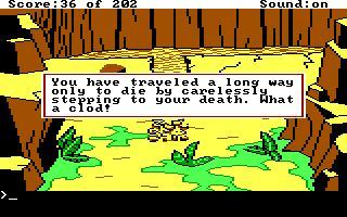 (message: You have travelled a long way only to die by carelessly stepping to your death. What a clod!)