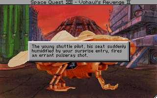 (message: The young shuttle pilot, his seat suddenly humidified by your surprise entry, fires an errant pulseray shot.)